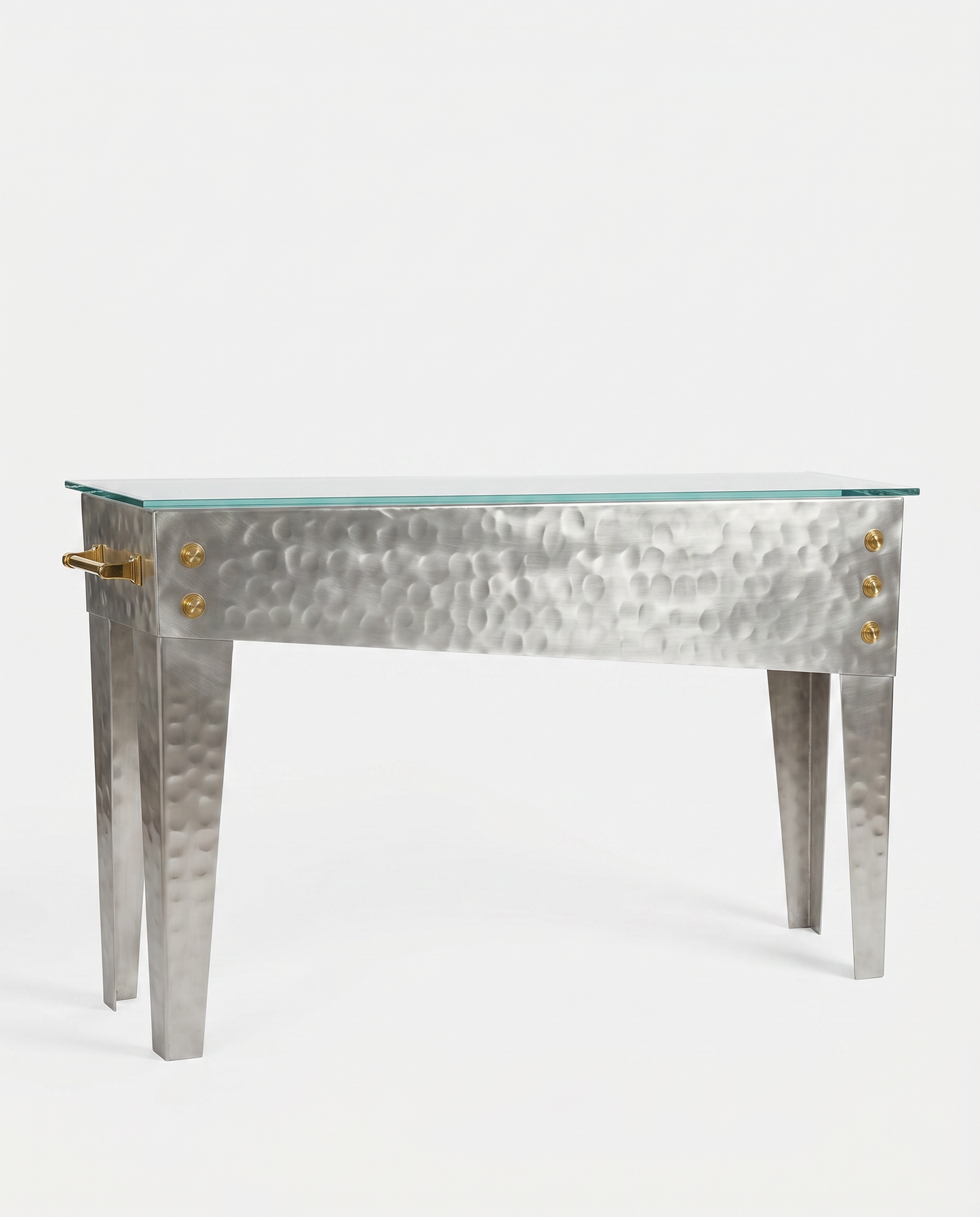 Industrial-Style Console Table, Glass, Brushed Metal Texture 50W 11.5D 30.25H