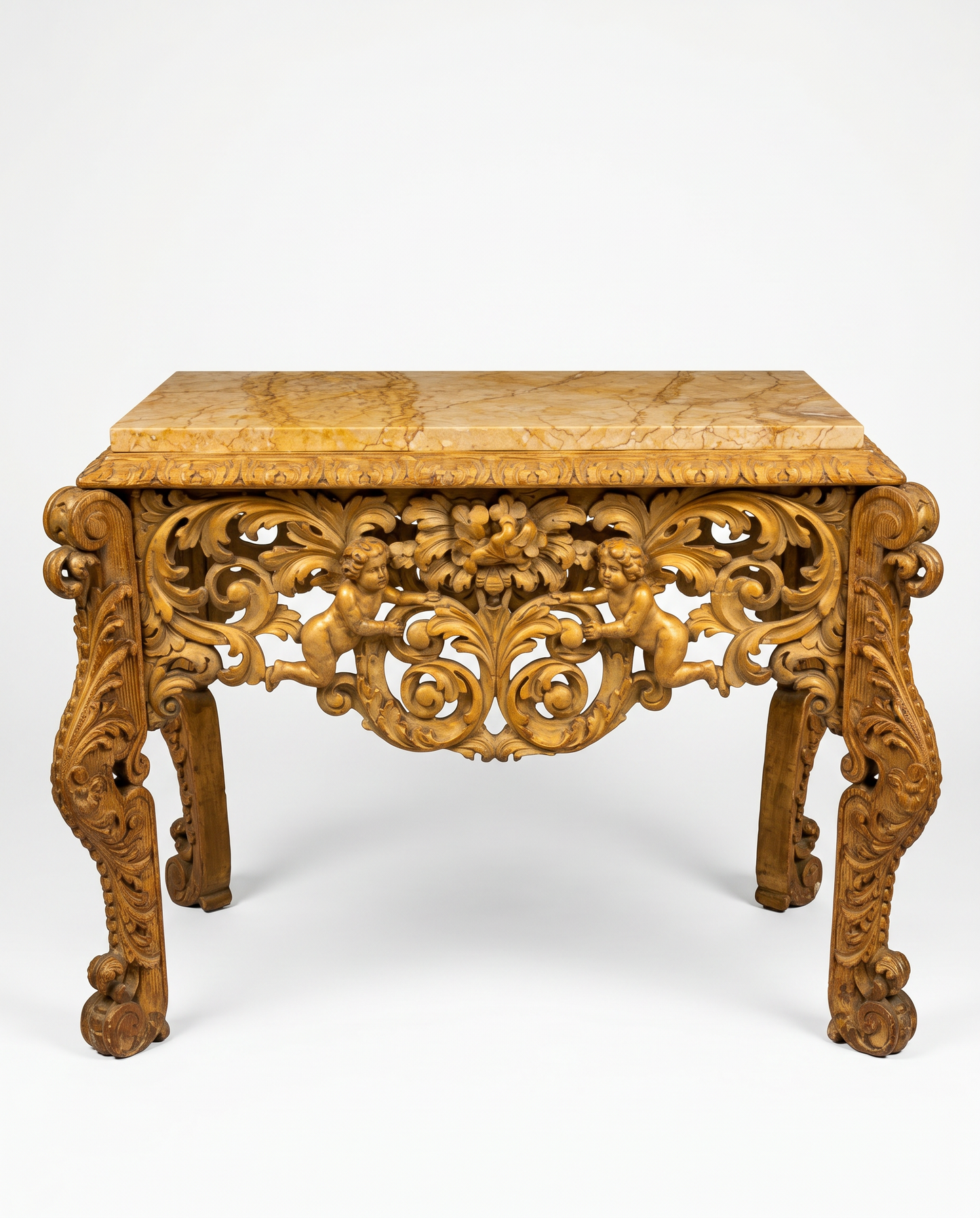 Italian Baroque Hand Carved Side Table, Floral Motifs, Polished Stone 44W 27D 33.5H