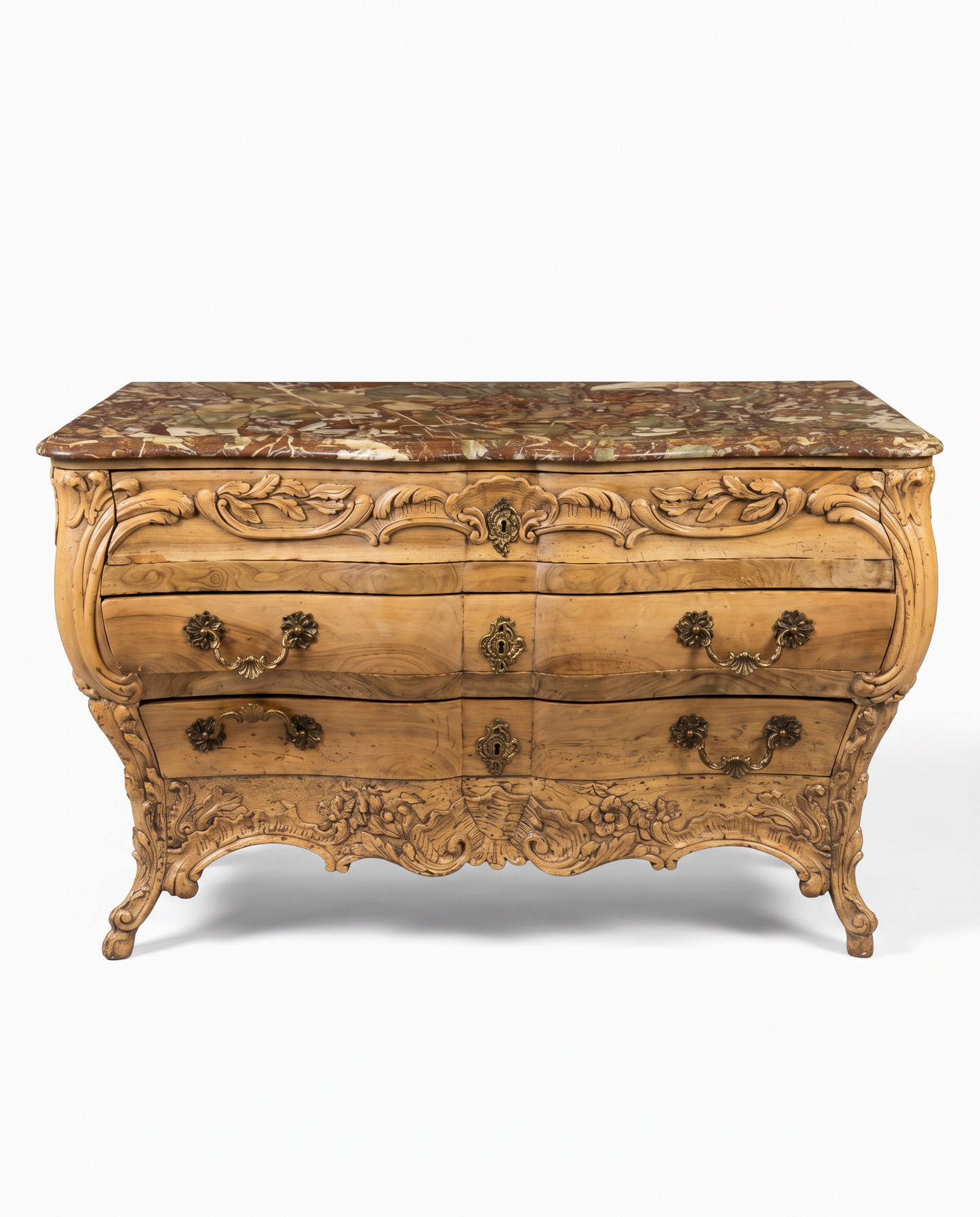Authentic Louis XV Hand-Carved Bombe Commode Chest, Brass Handles, Marble Top 55.5W 27D 33.75H