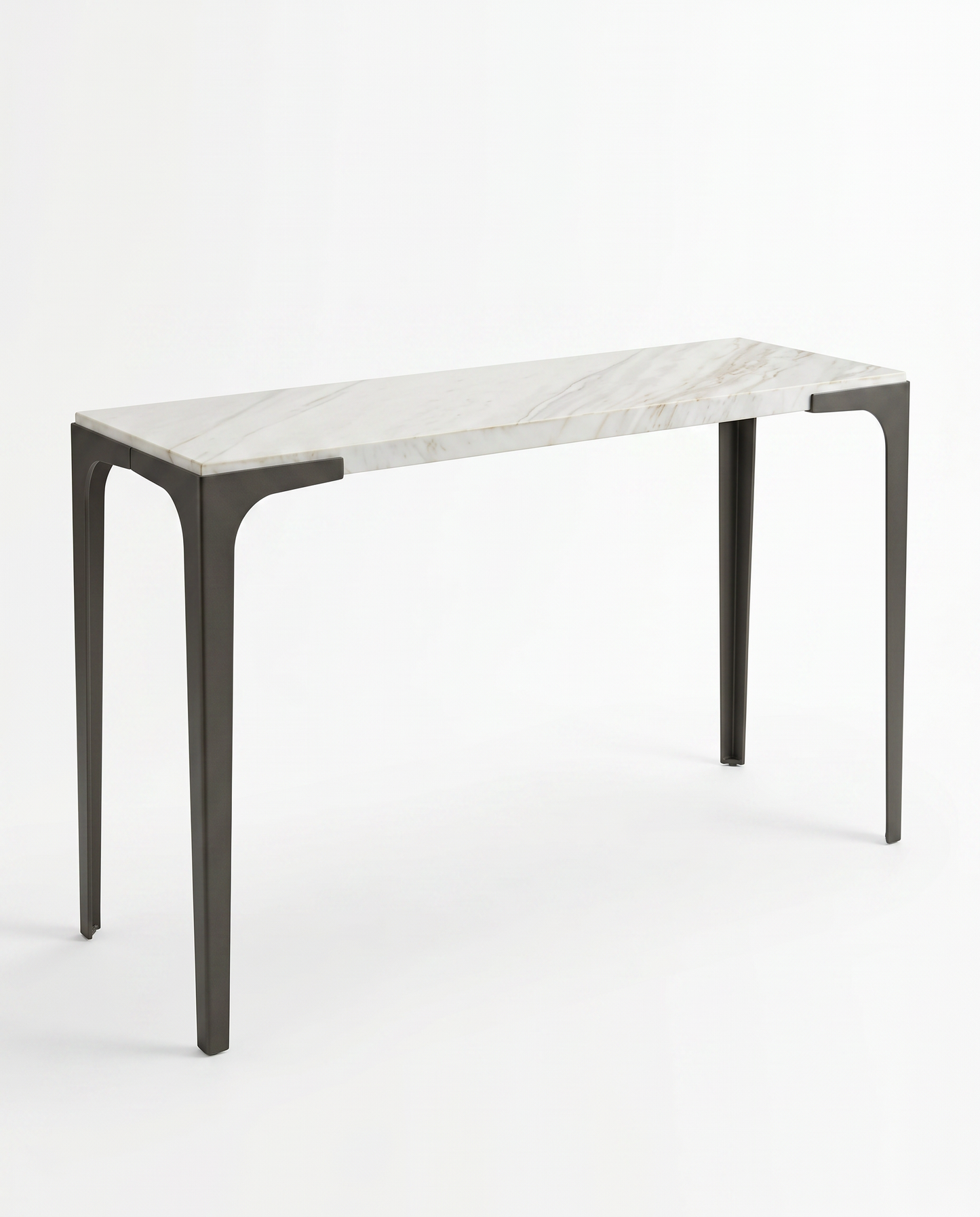 Magnussen Mercer Console, White Marble Top, Forged Iron Legs 48 x 16 x 28.25H