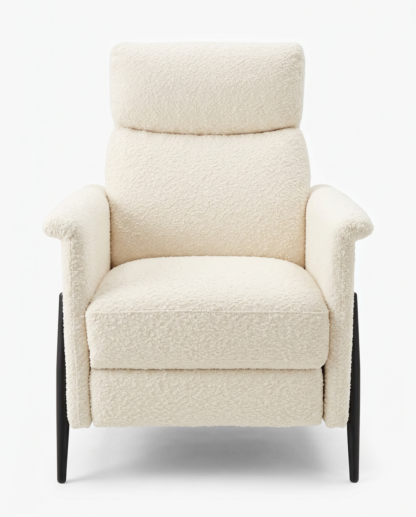 Mid-Century White Boucle Recliner Armchair, Dark Tapered Legs 30W 37D 38.5H