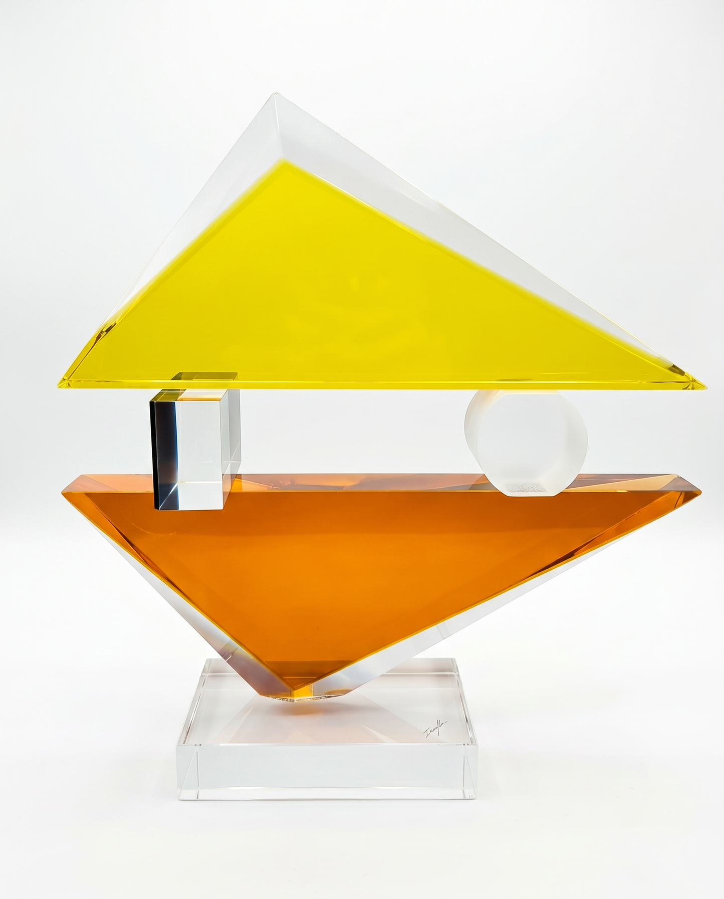 "Mirrored Image" Yellow & Orange Lucite Sculpture 15.5" x 15"H