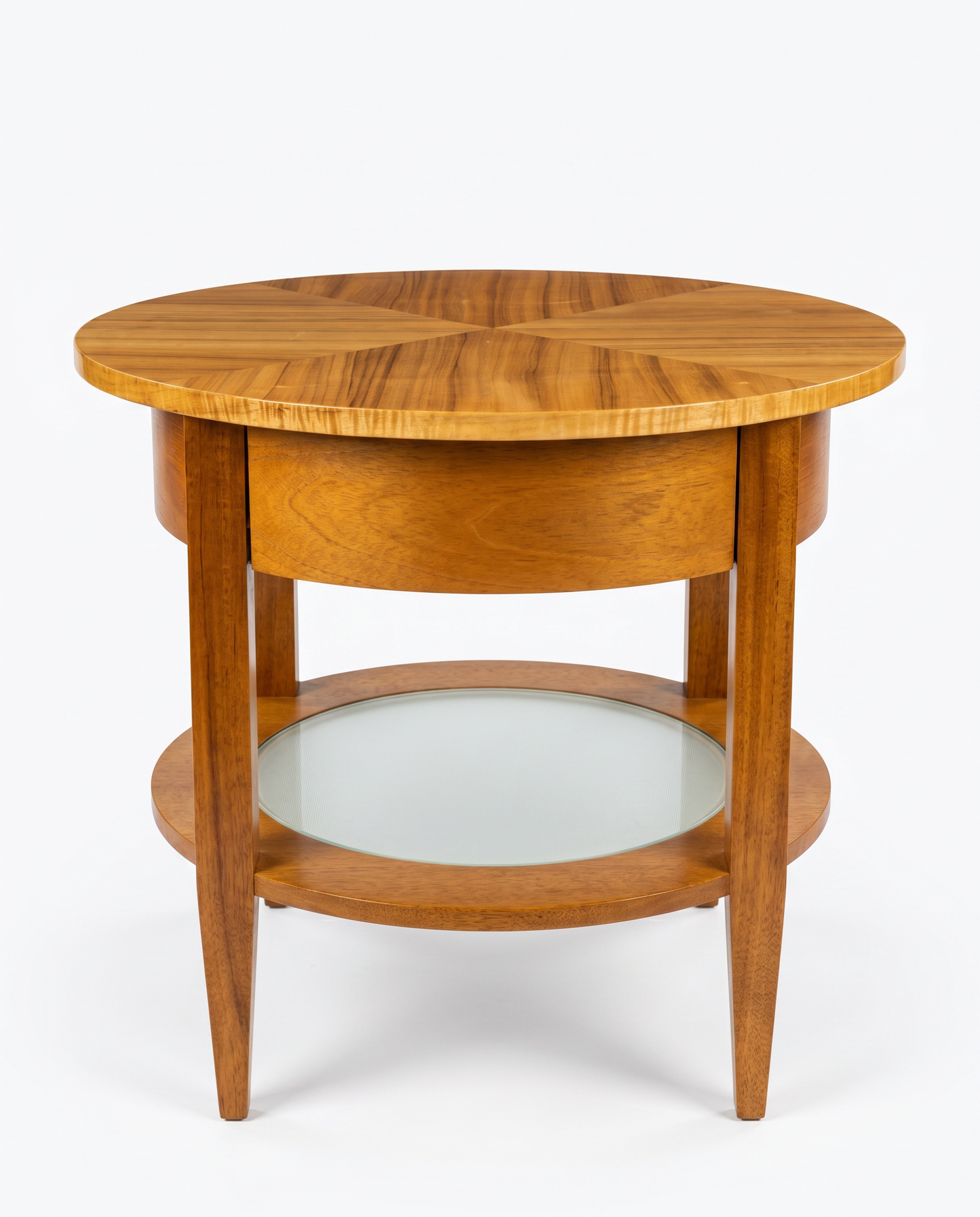Natural Wood w/Frosted Glass Side Table, Drawer 27Dia 24.25H