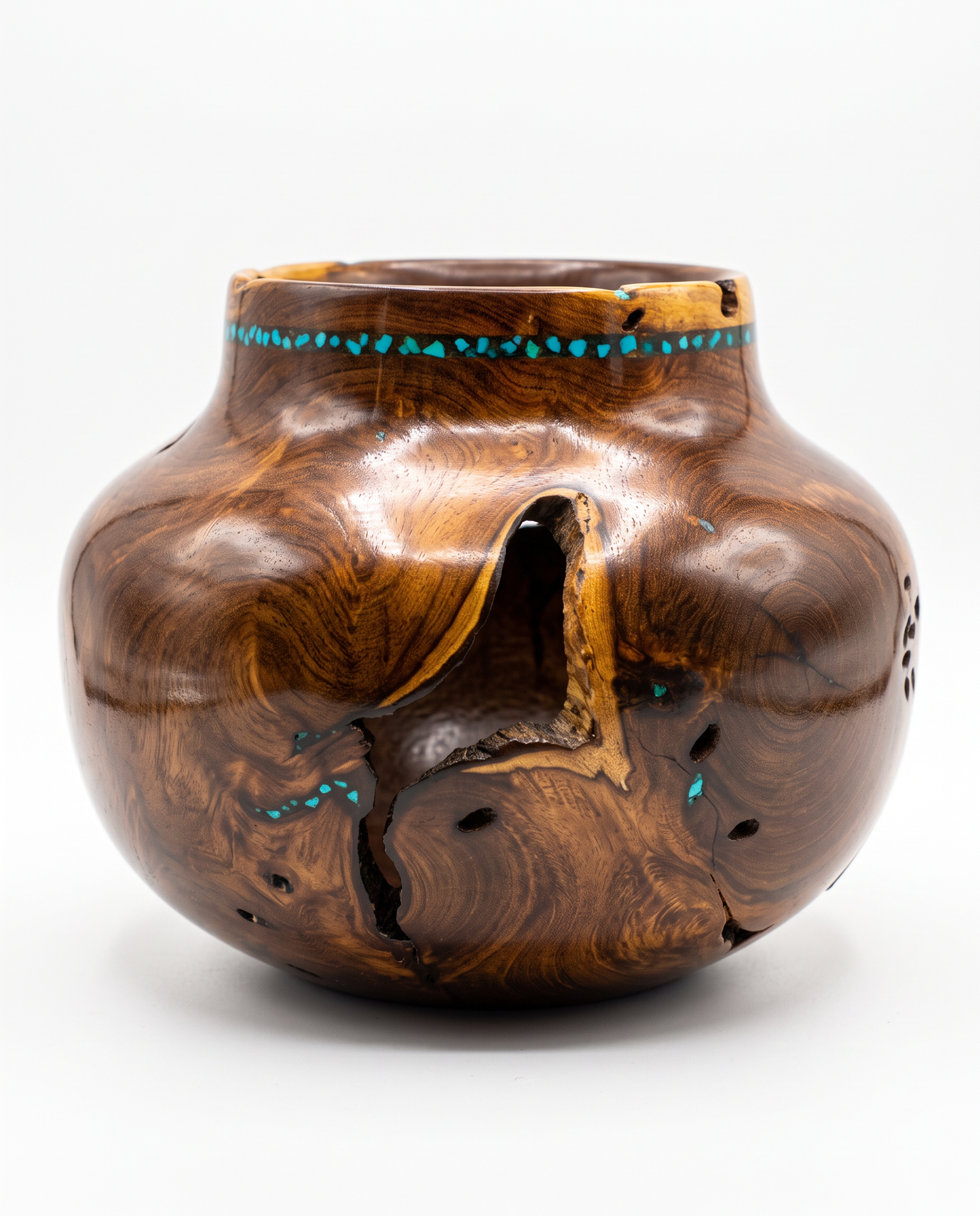 Sculpted Mesquite Wood Bowl w/Turquoise & Finely Crushed Black Marble 7Dia 6.75H