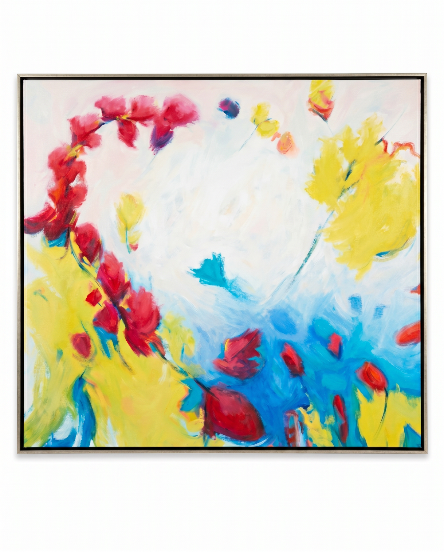 Signed Cheryl Appe Oil on Linen Floral in Primary Colors 47 x 43.5
