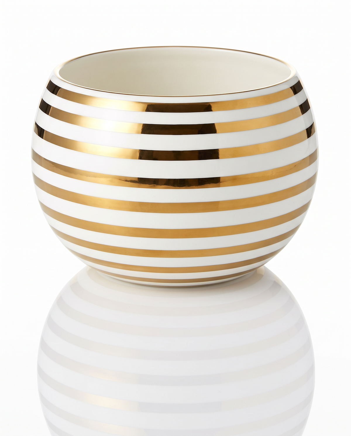 Signed Jill Rosenwald White Ceramic Mini Belly Bowl, Metallic Gold Accent 5Dia