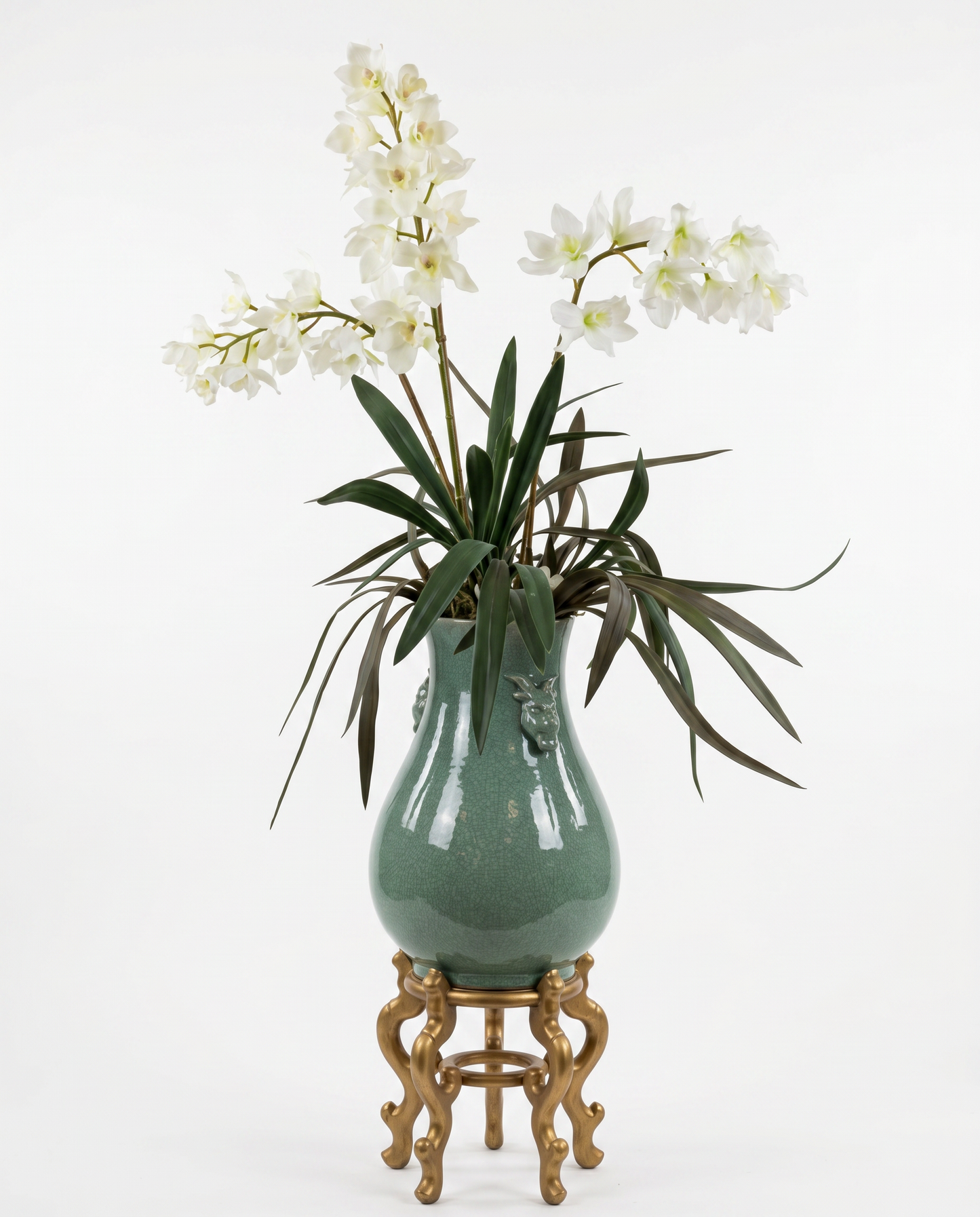 Traditional Chinese Celadon Crackle Glazed Porcelain Vases, 2 Ram Handles, Silk Floral 71.5H - PAIR