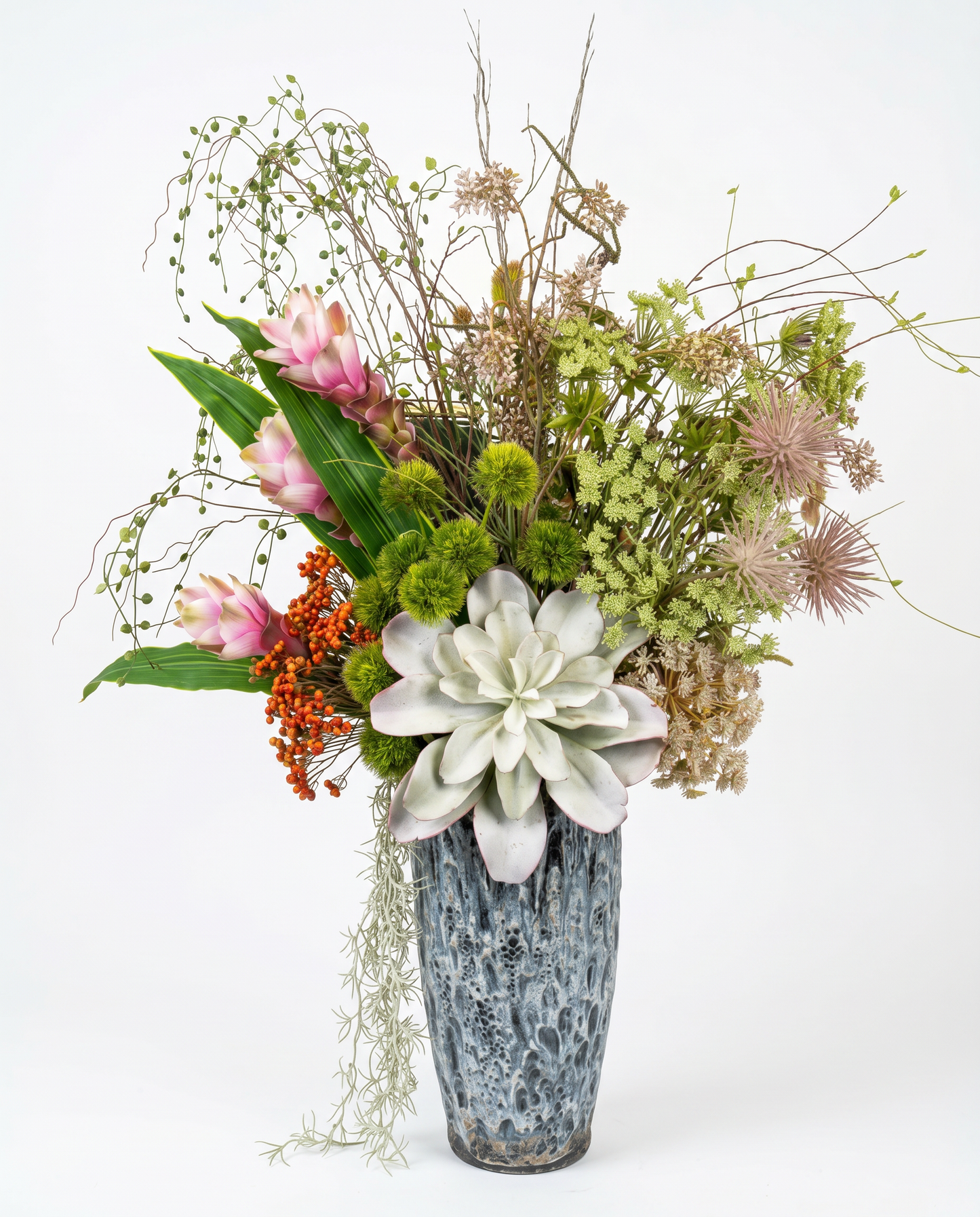 Tropical Artificial Floral Arrangement, Pink Bromeliads,Green Succulents,Textured Vase,48H