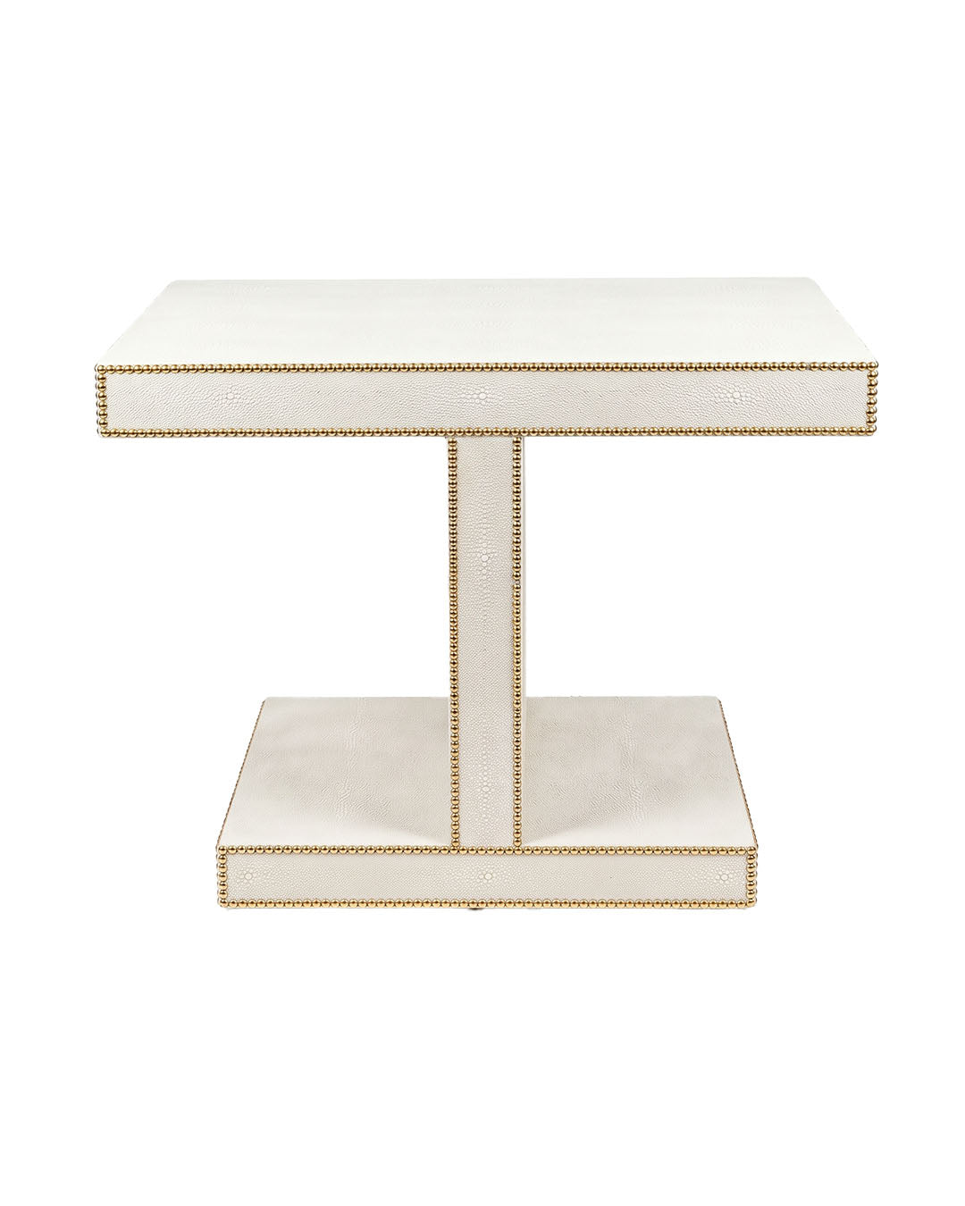White Faux Shagreen End Tables, Silver Nailhead Detailing 44.5W 24.5D 32H