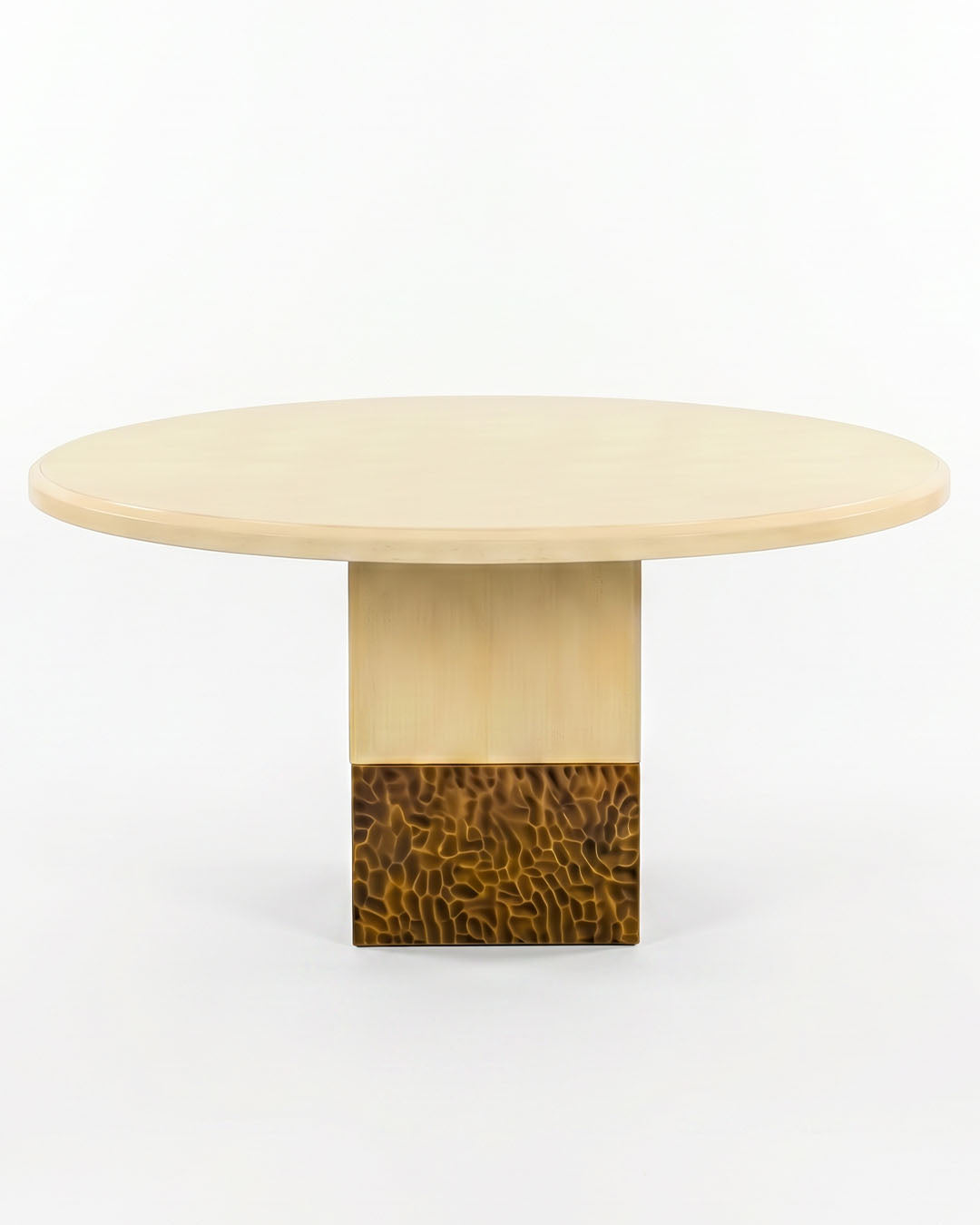 Milling Road by Baker Furniture Solid Whitened Walnut Dining Table, 2-Tone Metal Pedestal Base 60Dia 30H