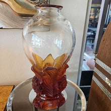 Load image into Gallery viewer, Lalique Clear Crystal Vase w/Amber Leaf Overlay
