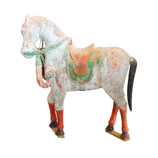 Antique Handmade Asian Polychrome Small Wooden Toy Horse 26.5W 7.25D 29.5H