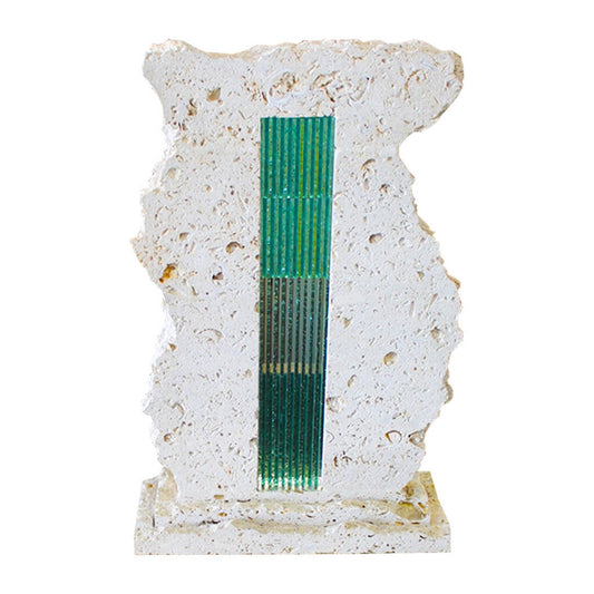 Signed D. (Damian) Priour Hand Carved Eloded Limestone,Chipped Edge Green Glass Panels