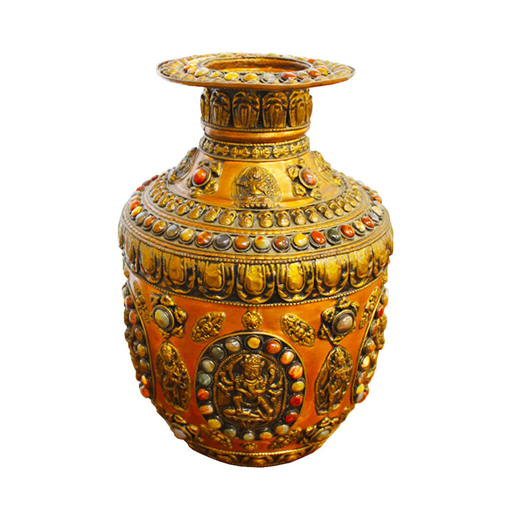 Antique Tibetan Copper Brass Bronze, Gem-Inlaid Water Vessel