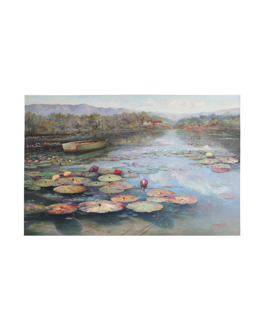 Signed Original Oil on Canvas, Monet-Like Impressionist Lily Pond & Boat