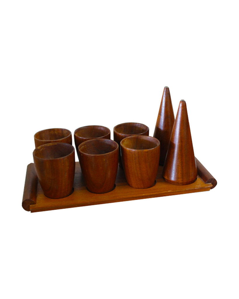 Vintage Danish Modern Wood Tray w/Egg Cupholders & Salt/Pepper