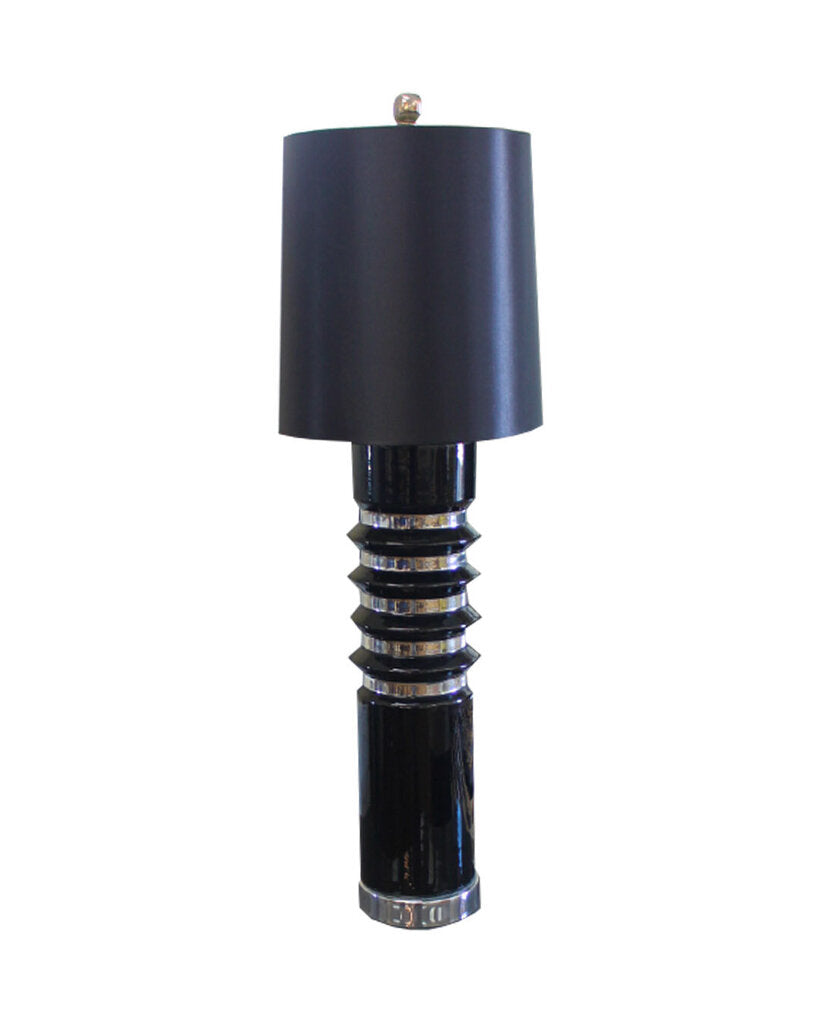 Mid-Century Modern Black Ceramic w/Silver Bands Table Lamp, Black Shade