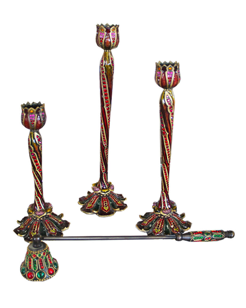 Jay Strongwater Enamel Jeweled 3-Tulip Candlesticks w/Snuffer