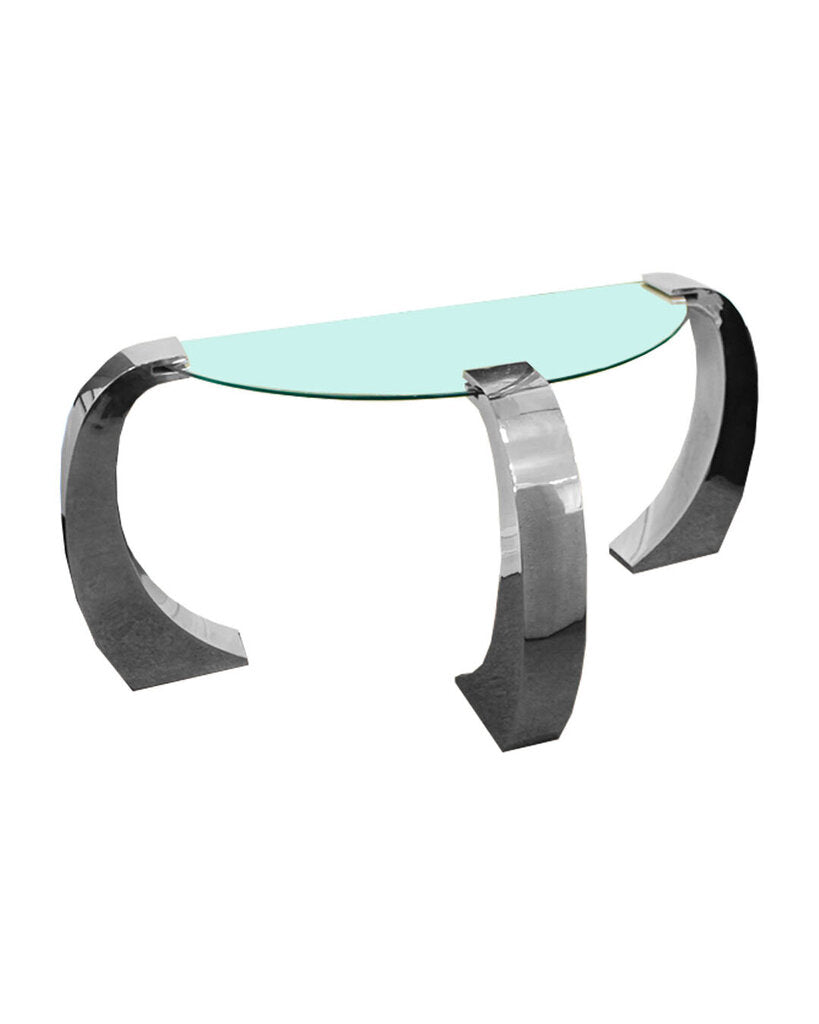 Demi-Lune Accent Table, Stainless Steel, Glass Top