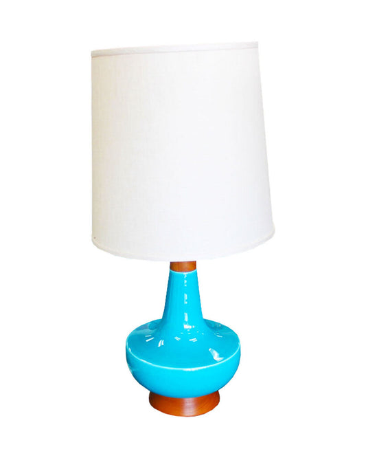 Mid Century Aqua Ceramic & Wood Table Lamps