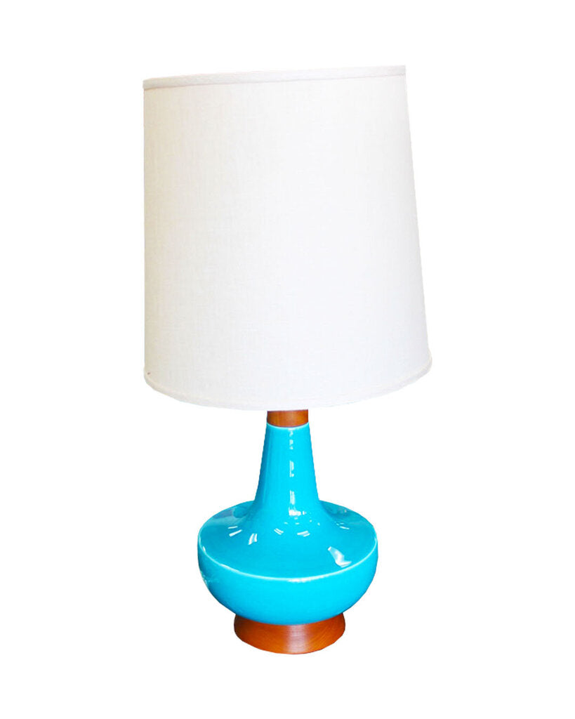 Mid Century Aqua Ceramic & Wood Table Lamps