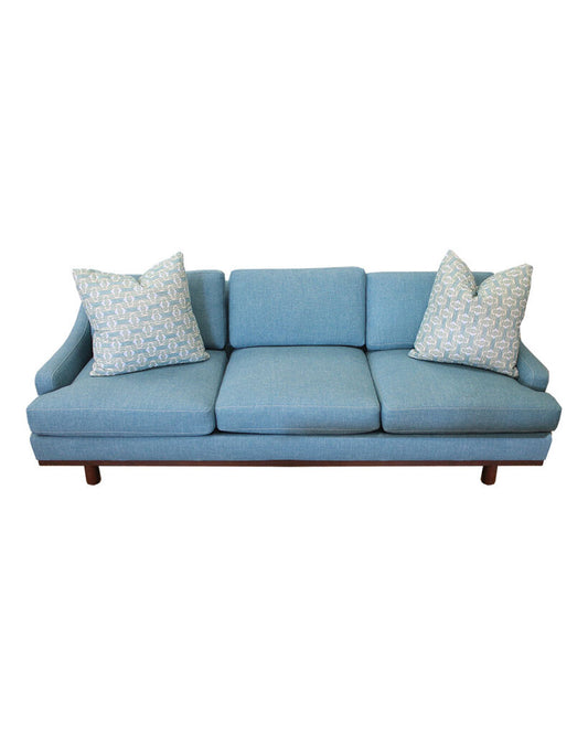 Denim Blue 3-Seater Sofa w/Wood Legs & 2 Accent Pillows