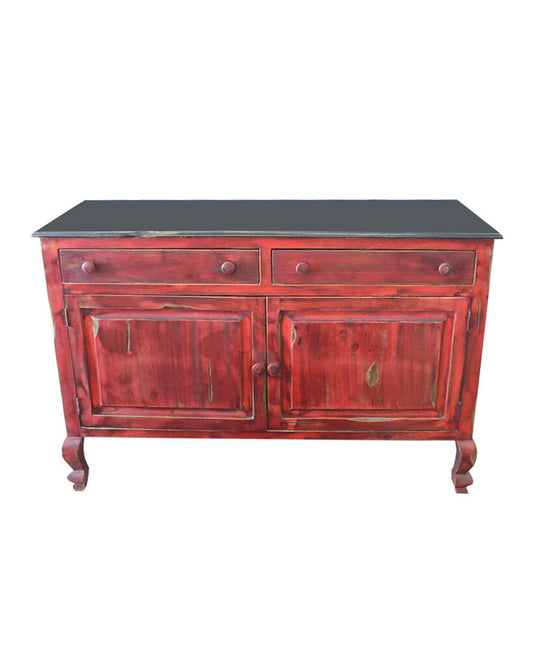 Vtg Red Painted Distressed Cabinet w/2-Drawers & Mirror 60.5W 25D 39.5H