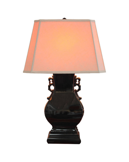 Black Glazed Ceramic Table Lamps w/White Shades