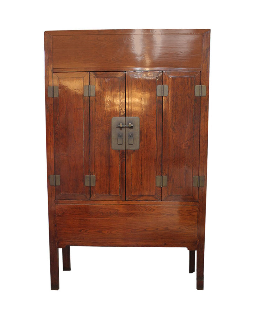 19th Century Chinese Stained Burlwood Two Door Armoire w/Inner Drawers & Brass Hardware 59.5W 22.25D 98.5H