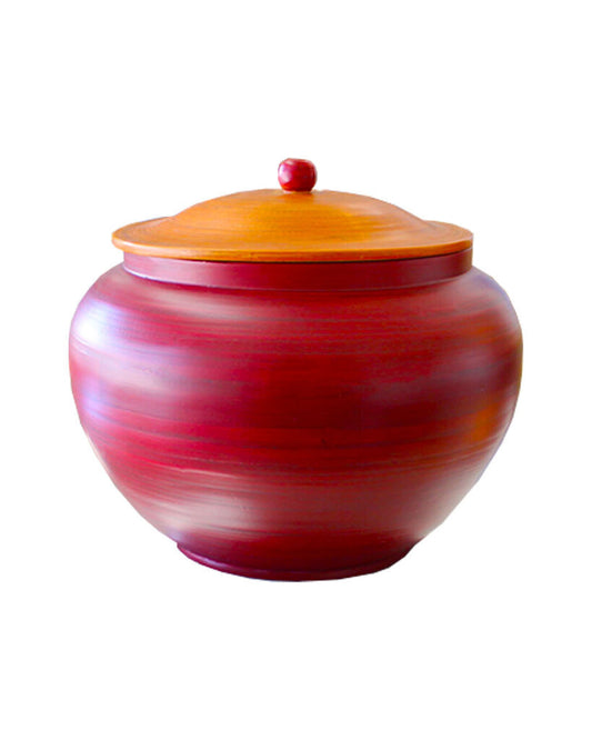 Large Red Painted Bamboo, Natural Wood Lidded Bowl