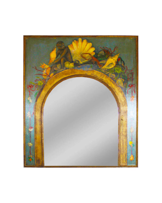 Hand Painted Blue & Antiqued Gold Wall Mirror w/Nautical & Monkey Theme