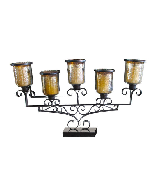 Large Spanish Iron Candelabra Centerpiece w/Sepia Toned Glass