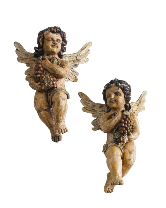 Antique Hand Carved Wall Mounted Polychrome Wooded Cherubs