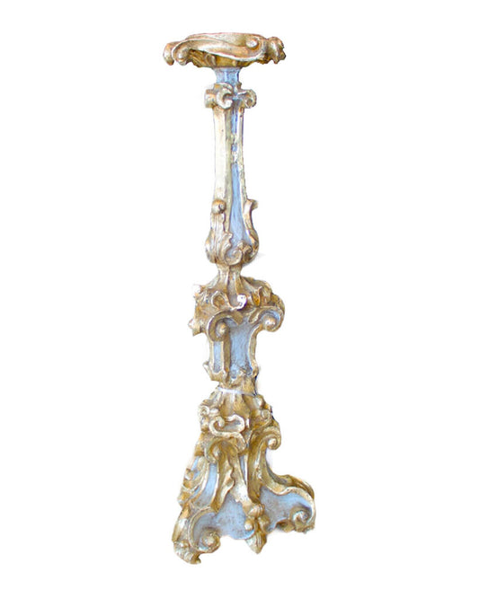 18th Century Style Wood Carved Painted Silver/Blue Candlestick