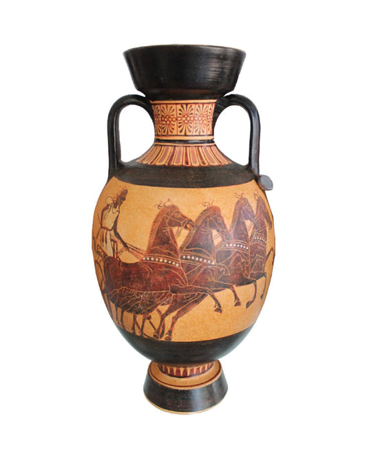 Greek Hand Painted Black Figure Hydria w/Charioteer & Horses
