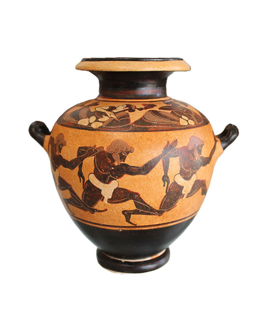 Greek Hand Painted Black/White Pankration Athletes Jar w/Handles