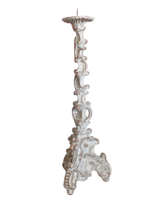 Vintage italian Carved Painted Wood Muted Silver Candlesticks