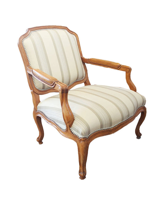 Sutherland Furniture Carved Teak Arm Chair w/Striped Upholstered
