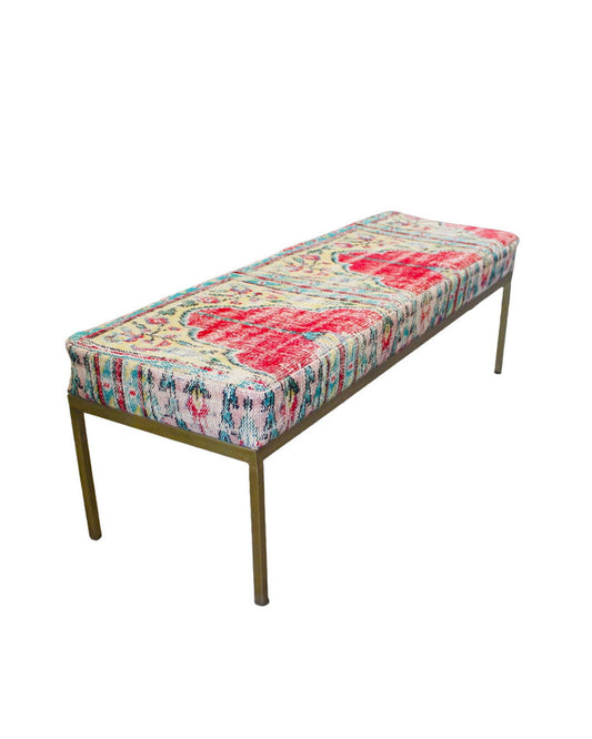 Vintage Kilim Upholstered Bench, Metal Base 54W 18D 18H