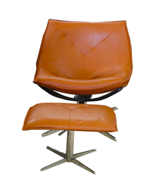 Roche Bobois Cognac Leather Pivoting Chair w/Ottoman