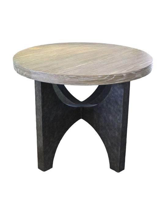 Robt. James Accent Tbl., Oak Top, Hammered Metal Bs. 36"Dia. 28.5"H