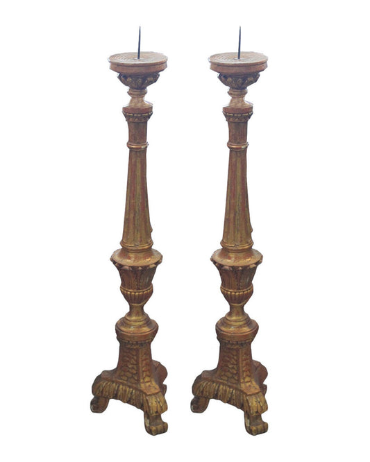 1800's Antique Cathedral Carved Wood Distressed Gold Candlesticks - PAIR