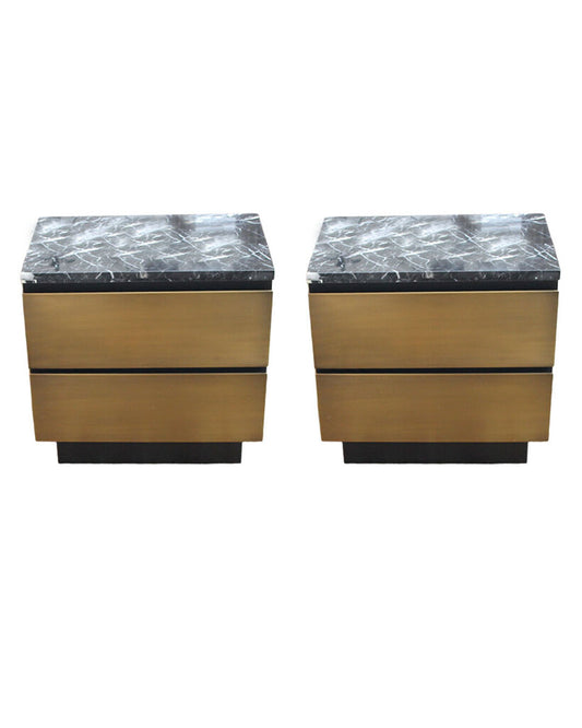 CB2 Nightstands Black Marquina Marble w/Hand Crafted Antique Brass PAIR 24W 16D 23H