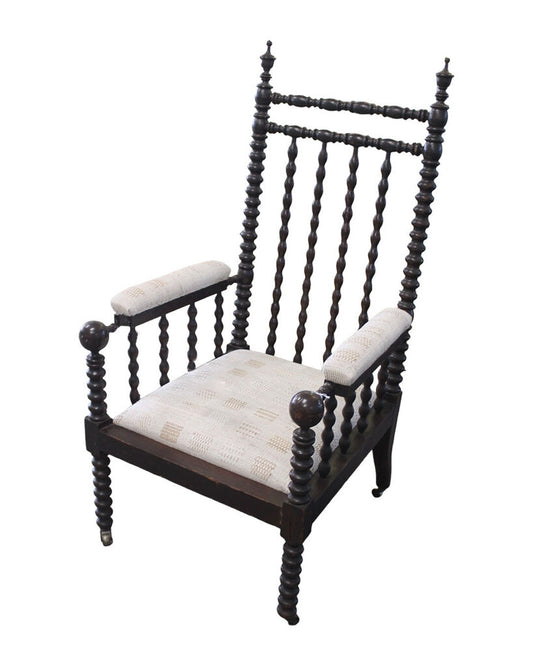 19th Century Ebonised Beech Bobbin Lounge Armchair, Reupholstered