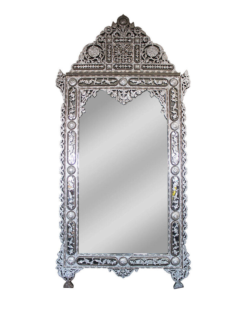 Ornate Handcrafted Syrian-Moroccan Mother of Pearl on Walnut Wood Inlaid Mirror