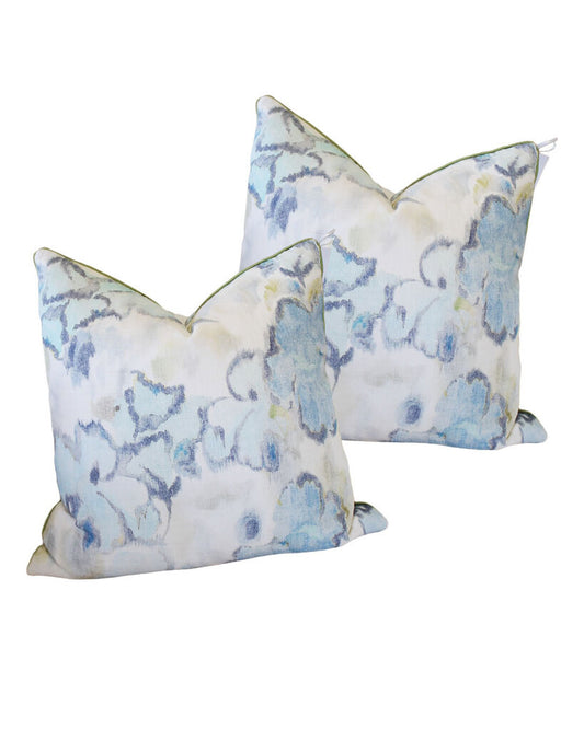 Light Blue, Yellow Floral on White Accent Pillows