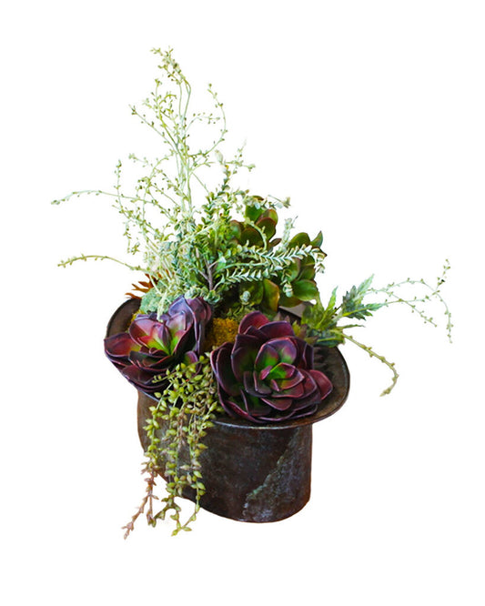 Faux Succulent Arrangement in Oval Metal Planter