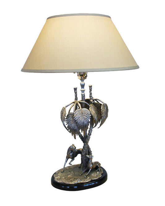 Palm Trees & Greyhound Figurine Lamp, Silver Plate Bronze 30H