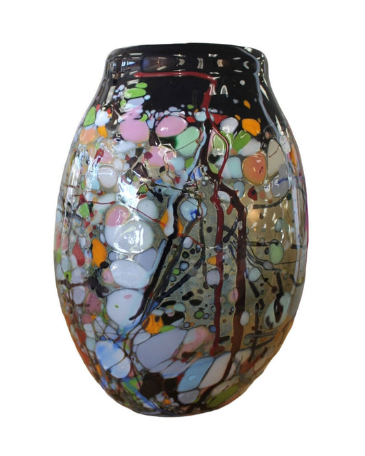 Signed Bruce Freund Blown Art Glass Abstract Mosaic Vase 8.25W 8D 12H