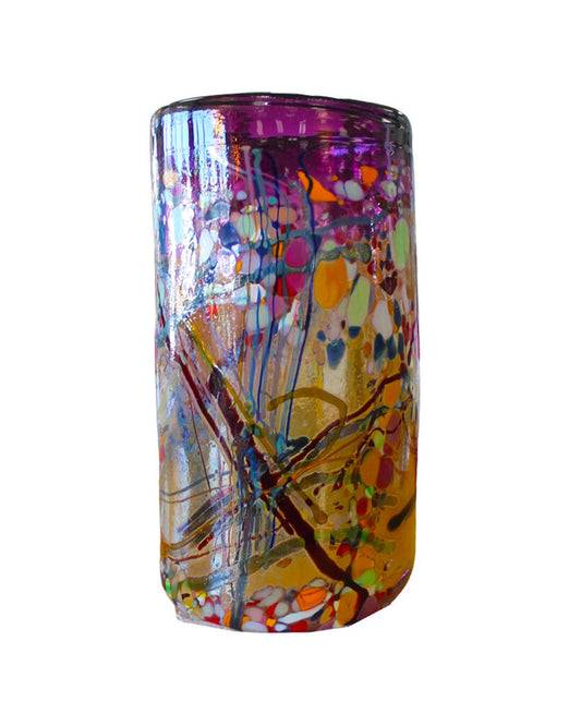 Signed John Gerletti Blown Art Glass Abstract Mosaic Vase 7.5Dia 14.5H